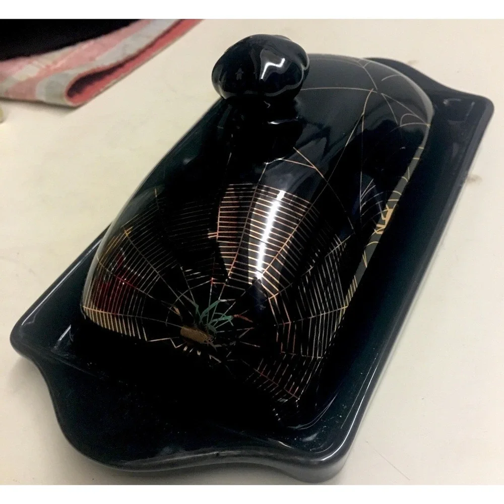 Park Chateau Spooky Ceramic Halloween Black Butter Dish With Gold Spiders & Webs